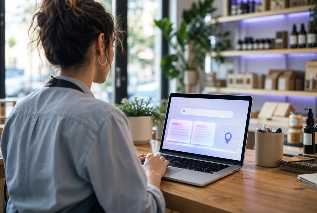 A small-business owner viewing a clean abstract local-search interface with glowing answer cards and a map pin on a laptop