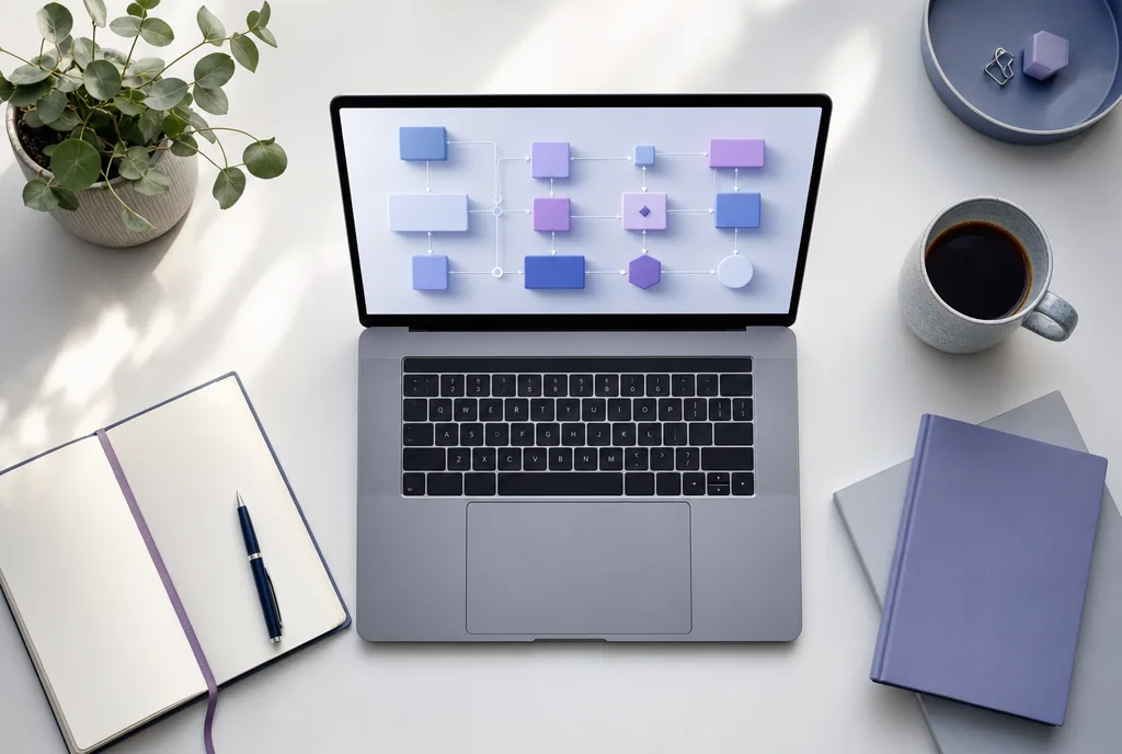 Overhead view of a tidy desk with a laptop showing abstract structured-data blocks connected by thin lines, a notebook, and coffee