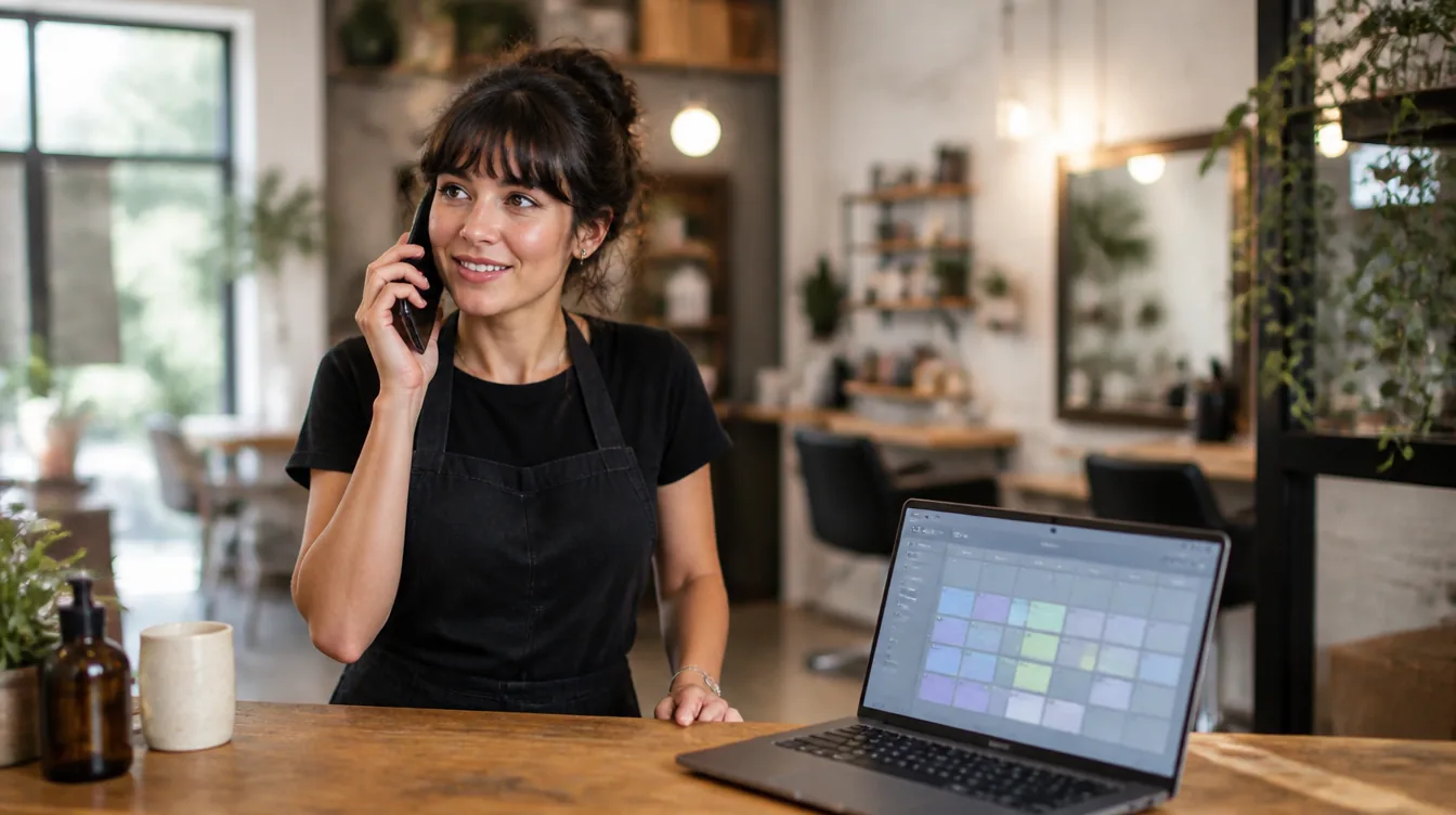 A local business owner taking a phone call in a small shop while a laptop on the counter shows a booking calendar