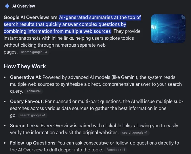 Google AI Overview explainer panel - AI-generated summaries at the top of search results that combine information from multiple web sources, with inline source links and follow-up question support