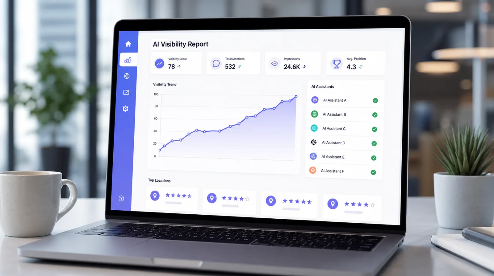 A clean AI visibility dashboard on a laptop showing an upward trending line graph, a list of AI assistants with checkmarks, and cards with star ratings and location pins