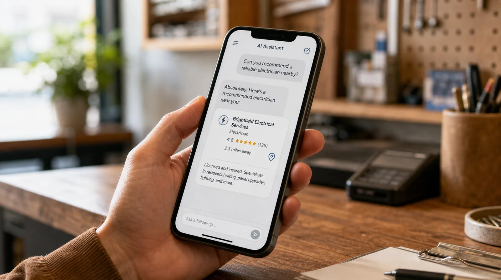 A smartphone held in a small-business setting showing an AI assistant answer that names a local business, with a star rating and a map pin beside the recommendation