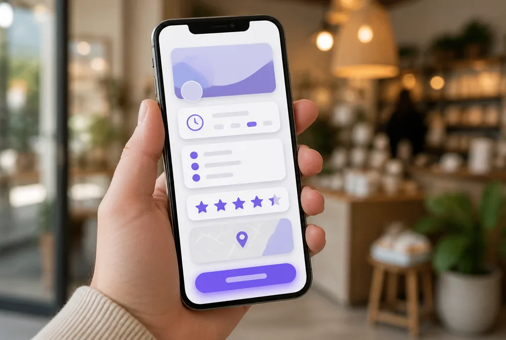 A smartphone showing a local business profile with accurate open hours, a clear service list, and a visible book now button