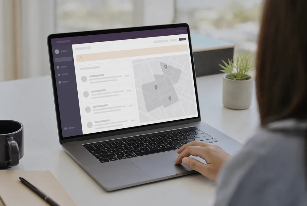 Business owner at a laptop reviewing a Google Business Profile dashboard showing a warning banner and a grayed-out map listing