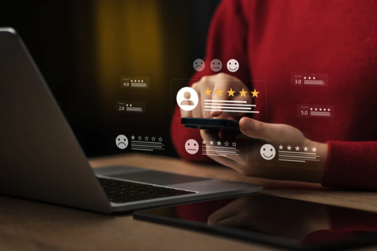 A customer reviewing a business on their phone with star ratings and emoji reactions overlaid — reviews are being filtered and removed before they ever reach the public profile