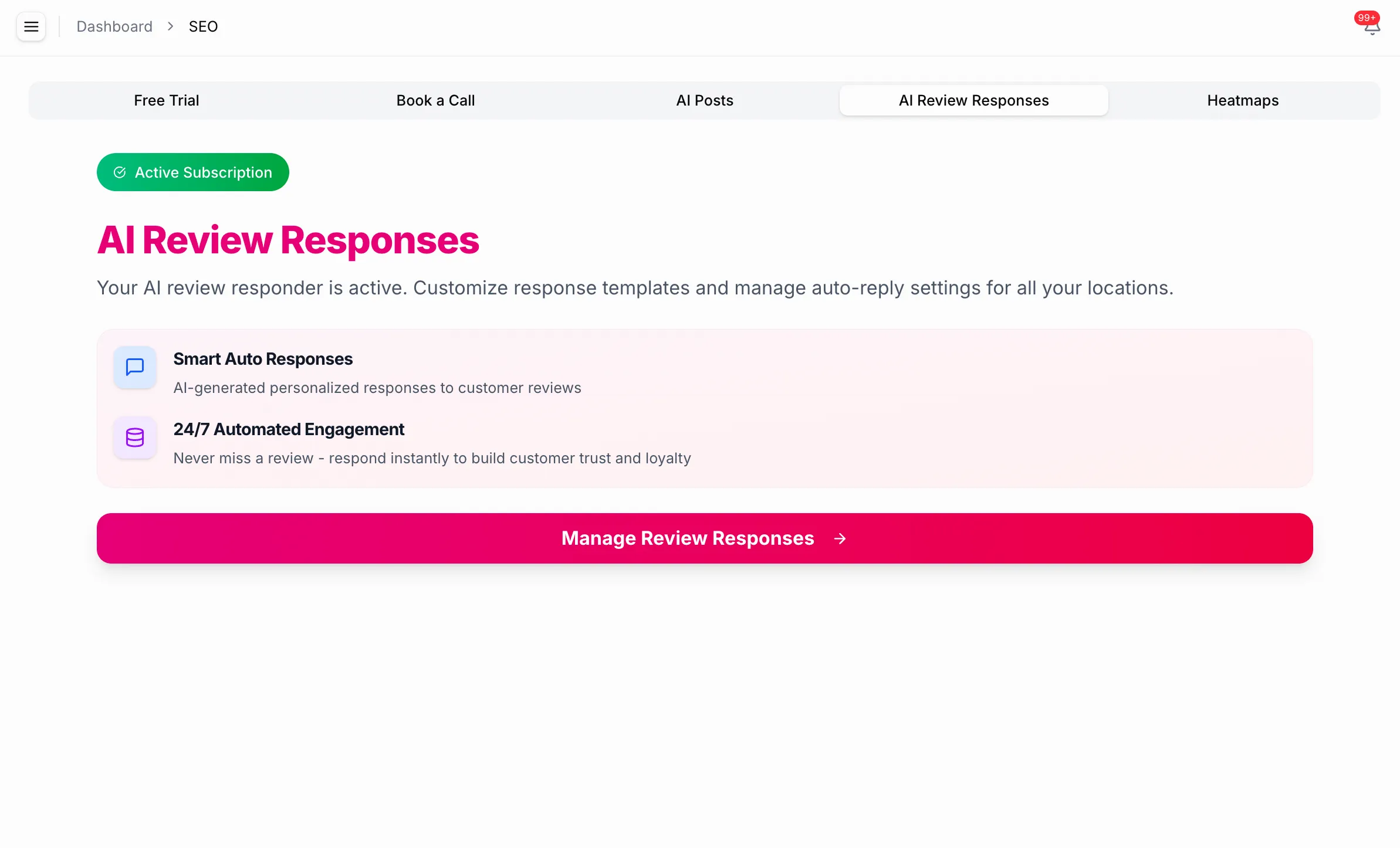 RenewLocal's AI Review Responses dashboard showing smart auto responses and 24/7 automated engagement