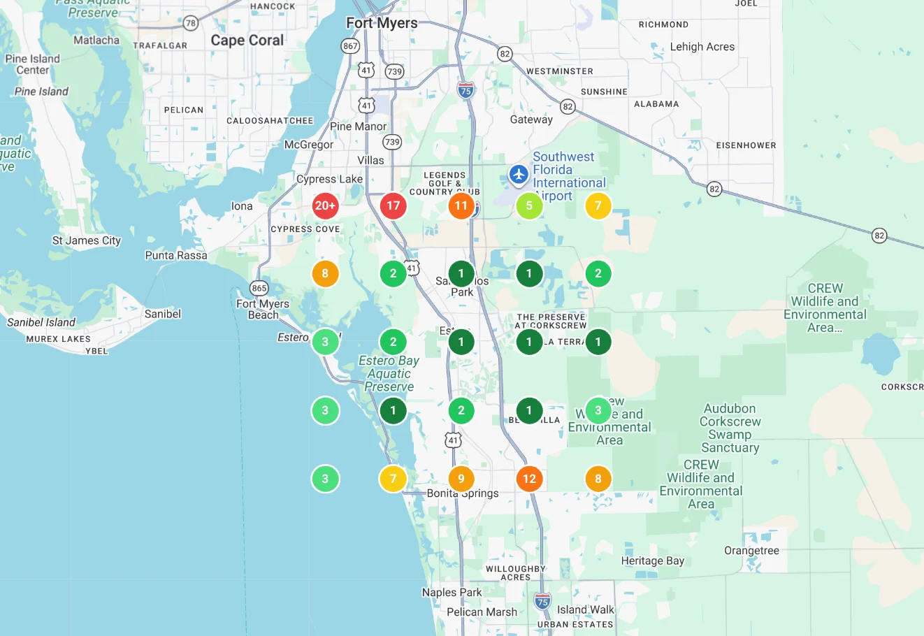 RenewLocal's Local Rank Heatmap showing color-coded rankings across a service area in Fort Myers, Florida — green indicates top rankings, red indicates low visibility