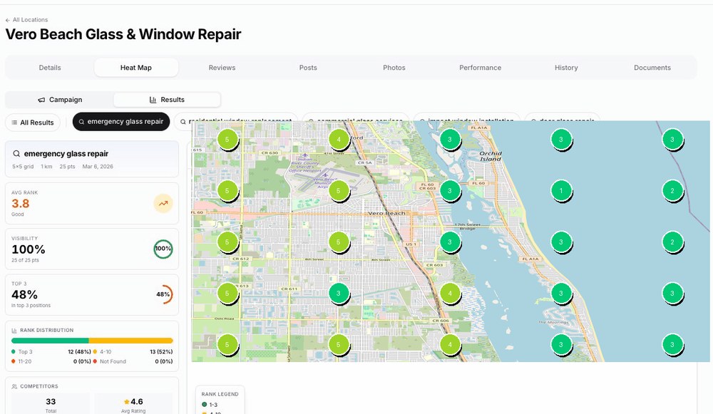 Renew Local local rank heatmap showing Google Maps rankings on a 5x5 grid