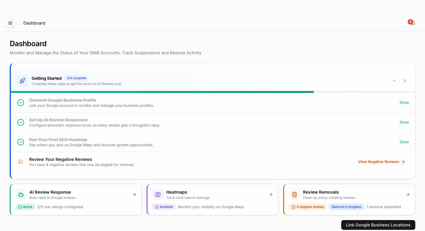 Renew Local GBP management dashboard overview with getting started steps and feature cards