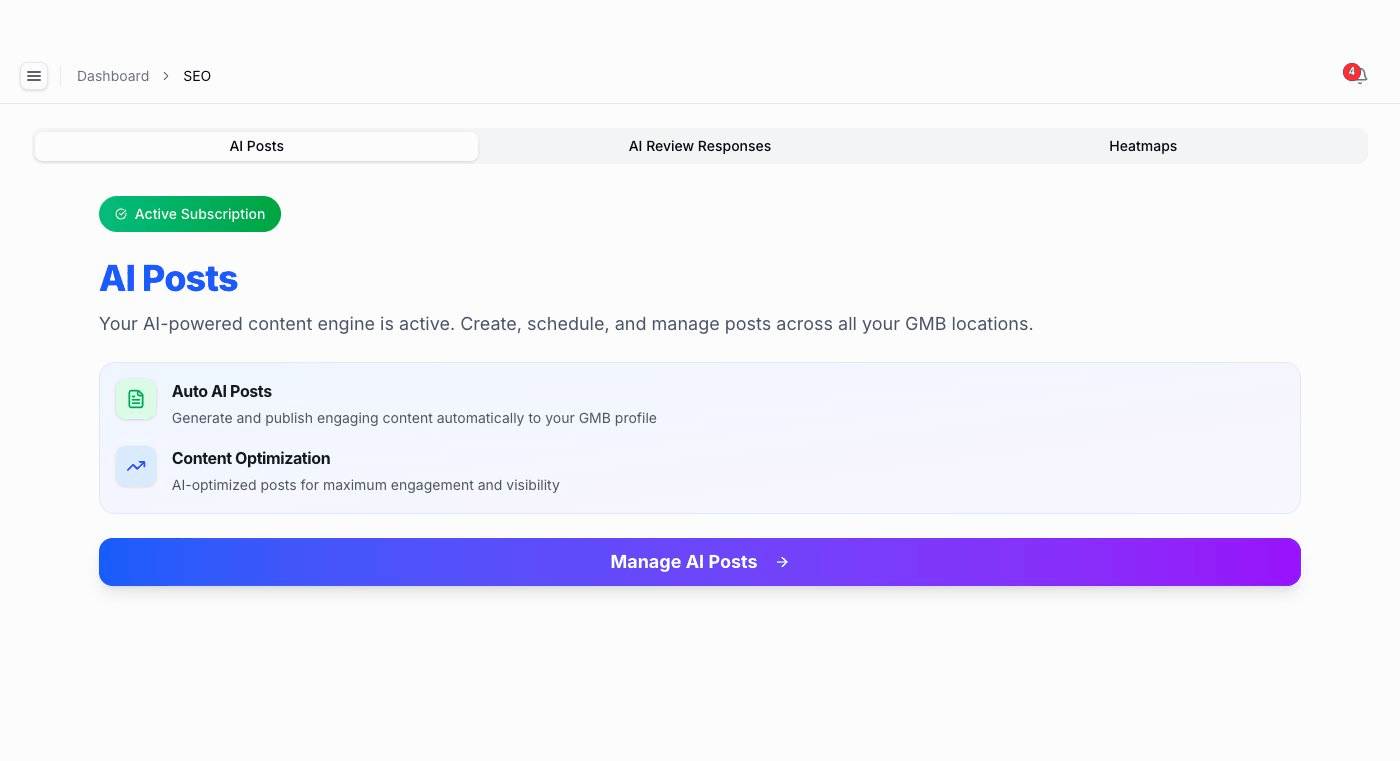 Renew Local AI SEO dashboard showing content optimization tools
